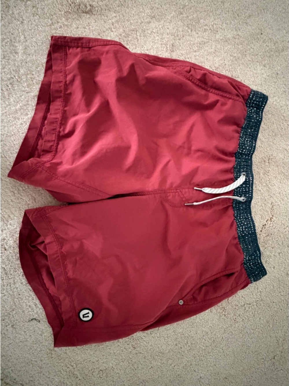 Vuori Maroon Athletic Swim Shorts with Patterned Navy Waistband